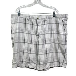 Haggar C18 Mens Chino Shorts Plaid Flat Front‎ Slash Pockets Zip Fly Gray Sz W42